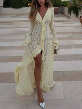 Ruffled Lace Front Slit Maxi Dress